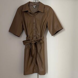 A New Day Tan Pleather Short Sleeve Belted Mini Dress Size Medium